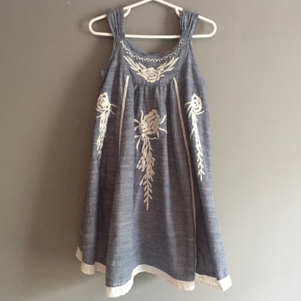 Cutey Couture linen flower embroidery lace blue grey swing dress girls 4T 4 5